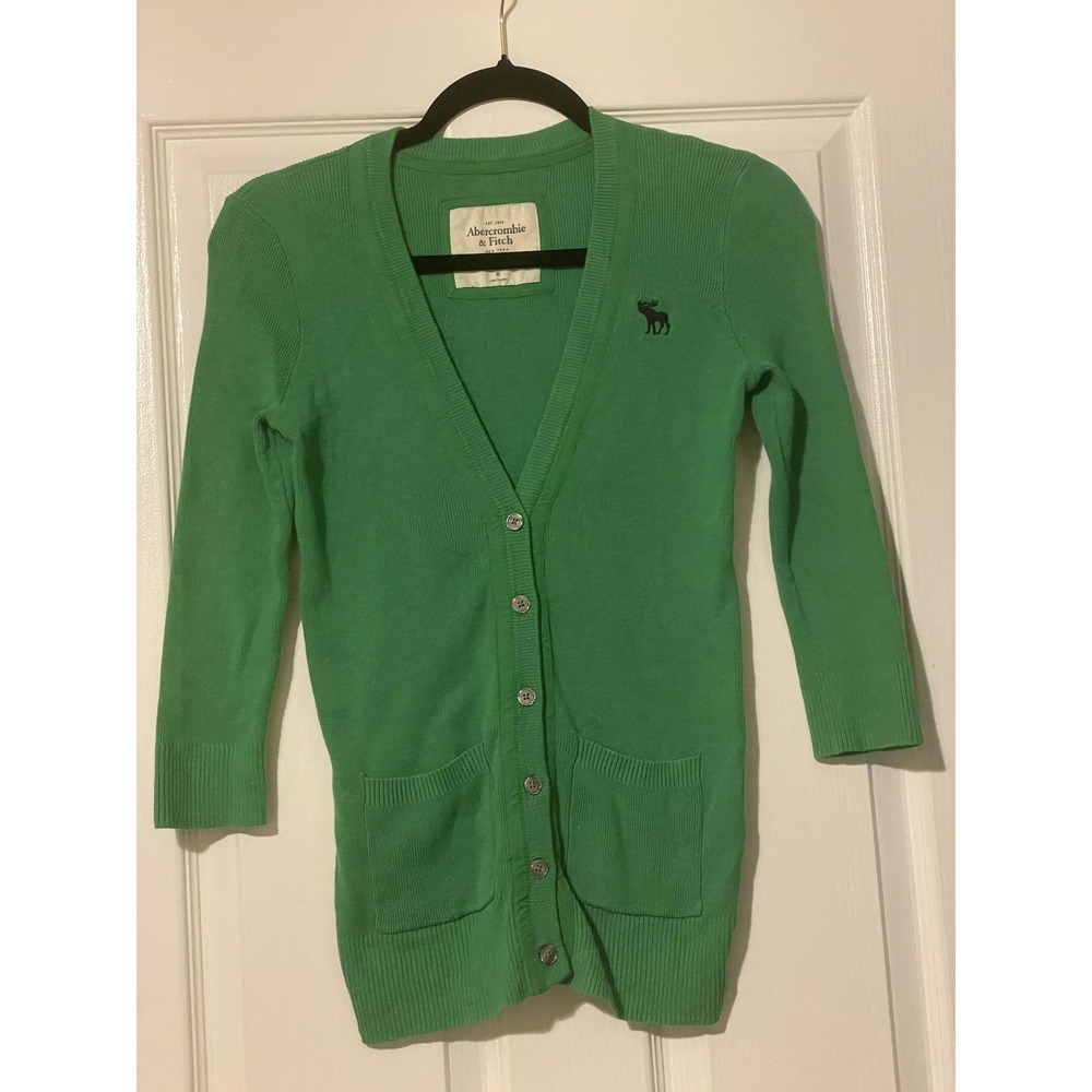 Abercrombie & Fitch Cardigan Sweater Womens Medium Green V Neck Longline Pockets